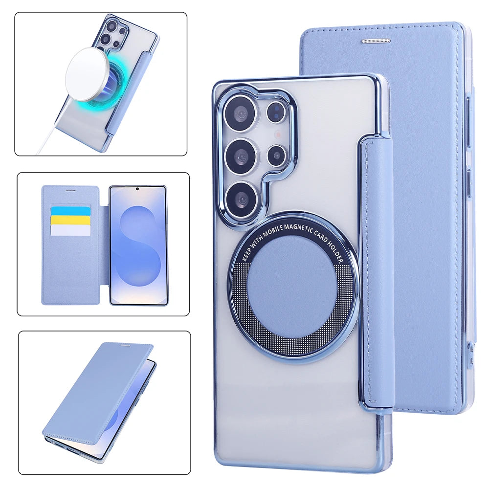 Flip Slot Card Leather Wallet Clear MagneticCase For Samsung