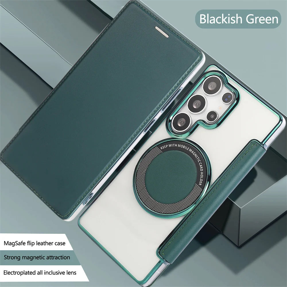 Flip Slot Card Leather Wallet Clear MagneticCase For Samsung