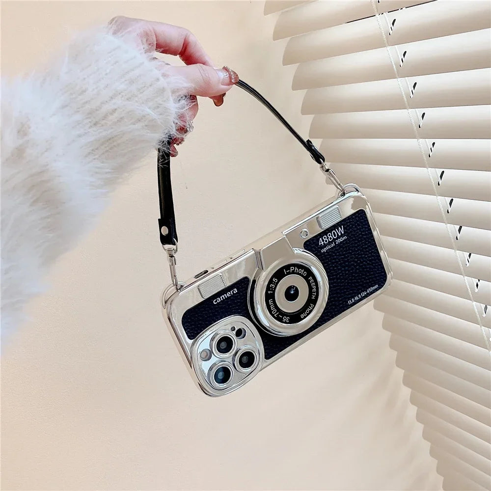 3D Retro Camera Graphic Phone Case PU Leather Strap For iPhone