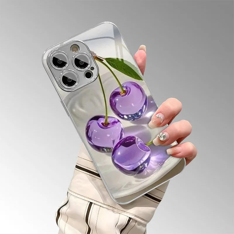Purple Crystal Cherry Pattern Electroplated Glass Case For iPhone