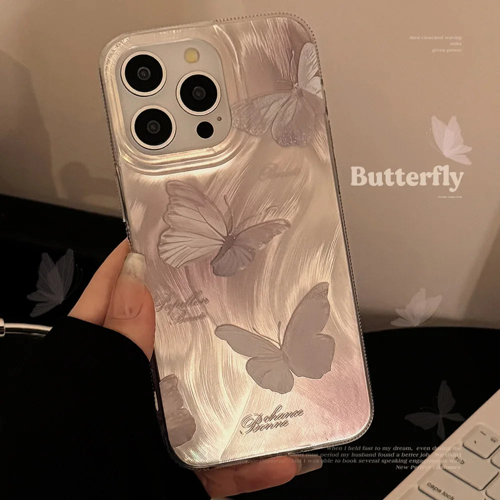 Stylish Feather Gauze Pattern Pink Butterfly Case For iPhone