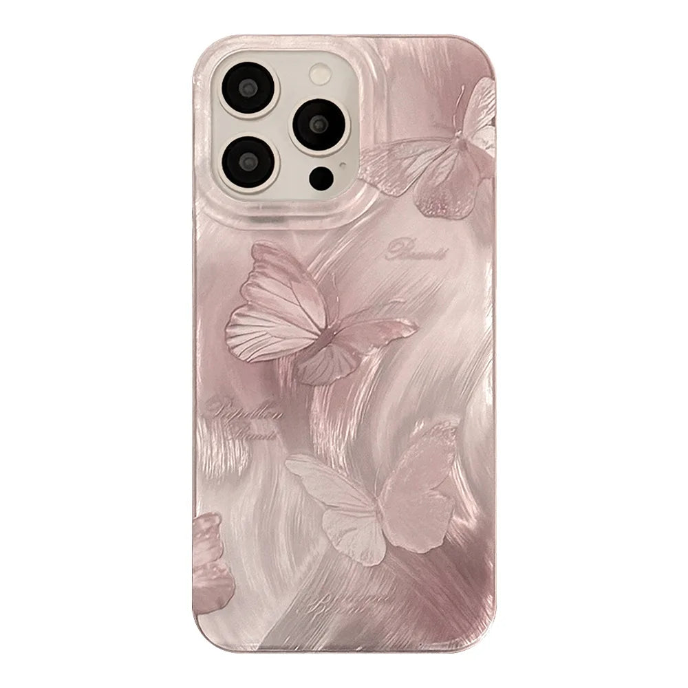 Stylish Feather Gauze Pattern Pink Butterfly Case For iPhone