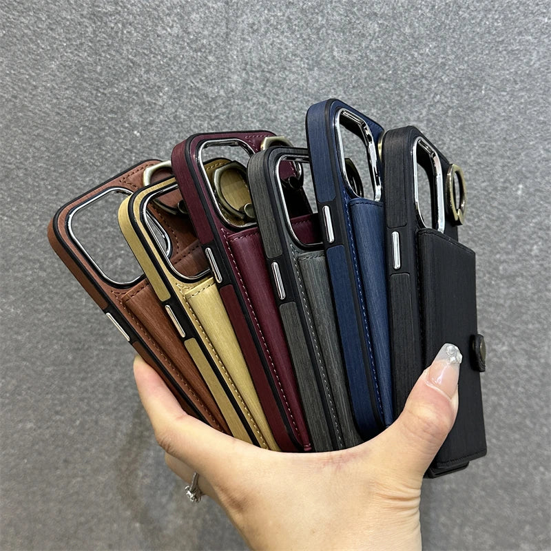 Leather Rotatable Ring Holder Trendy Card Pocket Wallet Case For iPhone