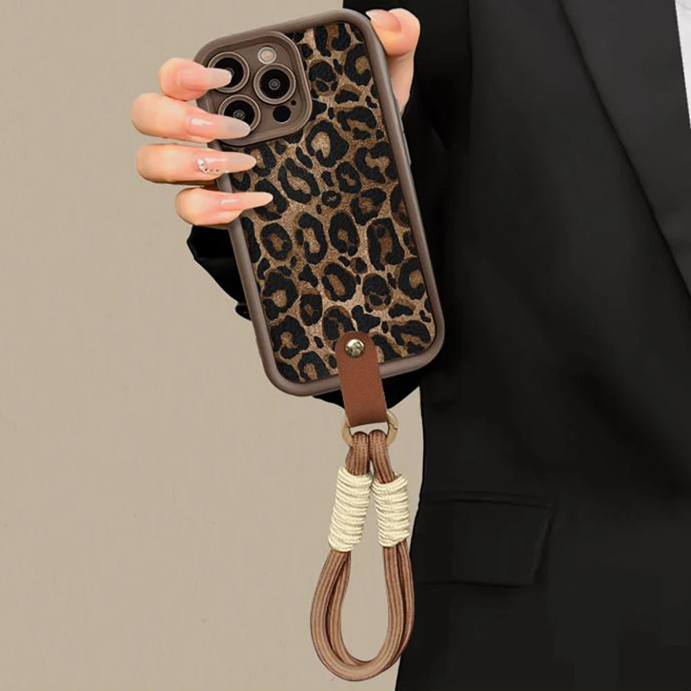 Winter Leopard Print Short Nylon Lanyard Case For iPhone