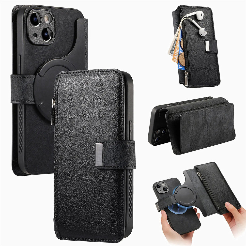 Zipper Cards Solt Wallet Leather 2 in 1 Magenetic Case For iPhone