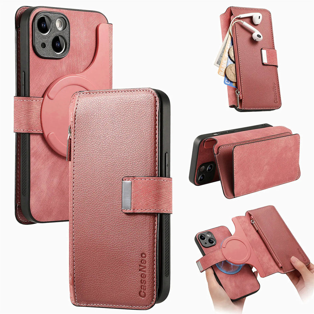 Zipper Cards Solt Wallet Leather 2 in 1 Magenetic Case For iPhone