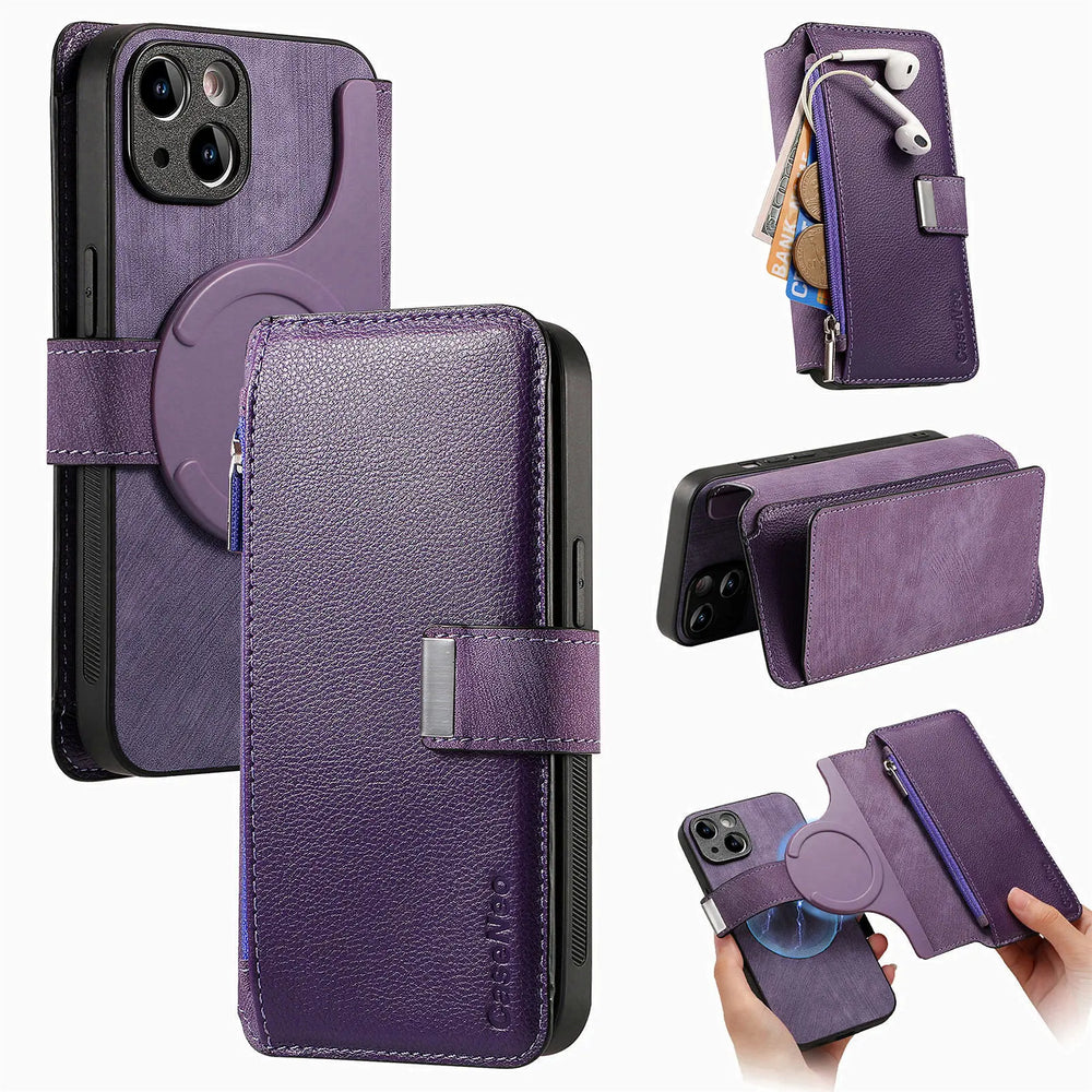 Zipper Cards Solt Wallet Leather 2 in 1 Magenetic Case For iPhone