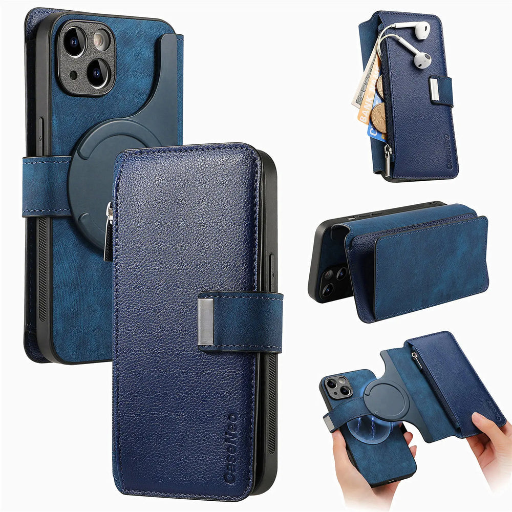 Zipper Cards Solt Wallet Leather 2 in 1 Magenetic Case For iPhone