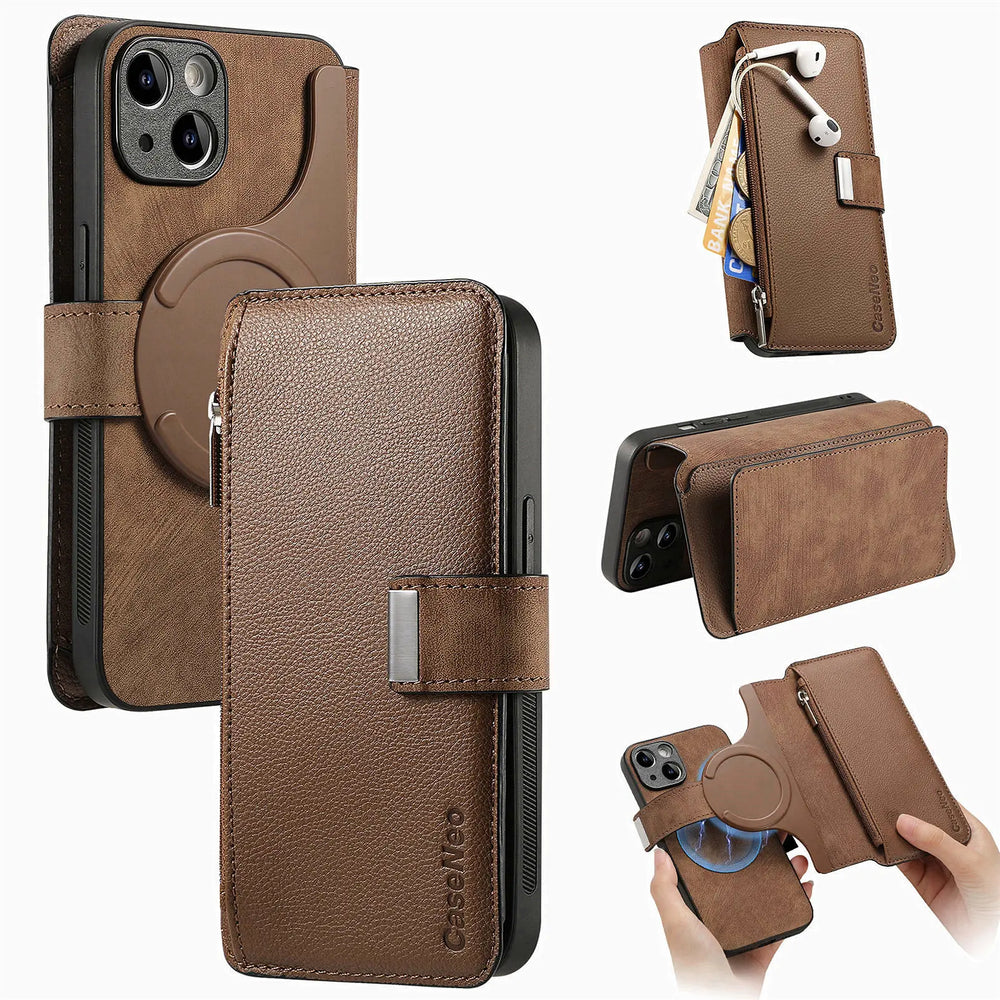 Zipper Cards Solt Wallet Leather 2 in 1 Magenetic Case For iPhone