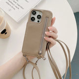 Zipper Wallet Makeup Mirror Crossbody Lanyard Case For iPhone