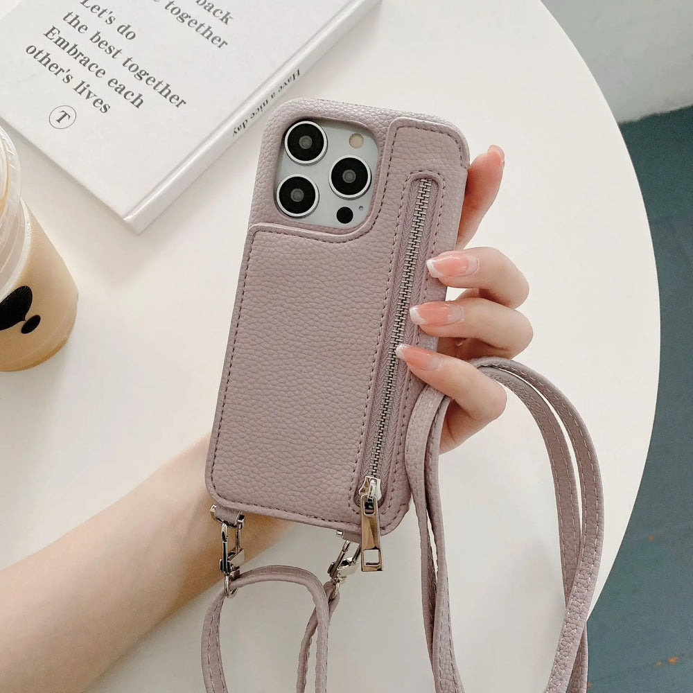 Zipper Wallet Makeup Mirror Crossbody Lanyard Case For iPhone