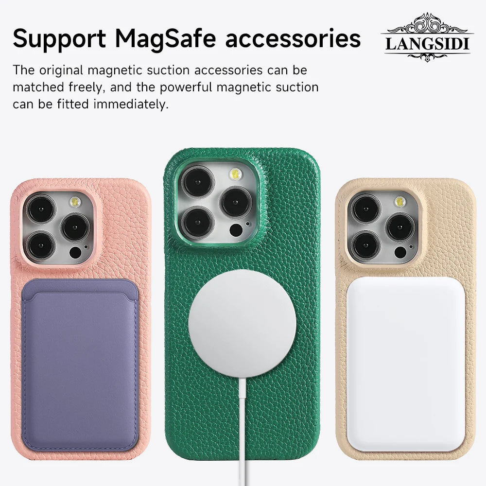 Natural Cowhide Lychee Leather Magnetic Case for iPhone