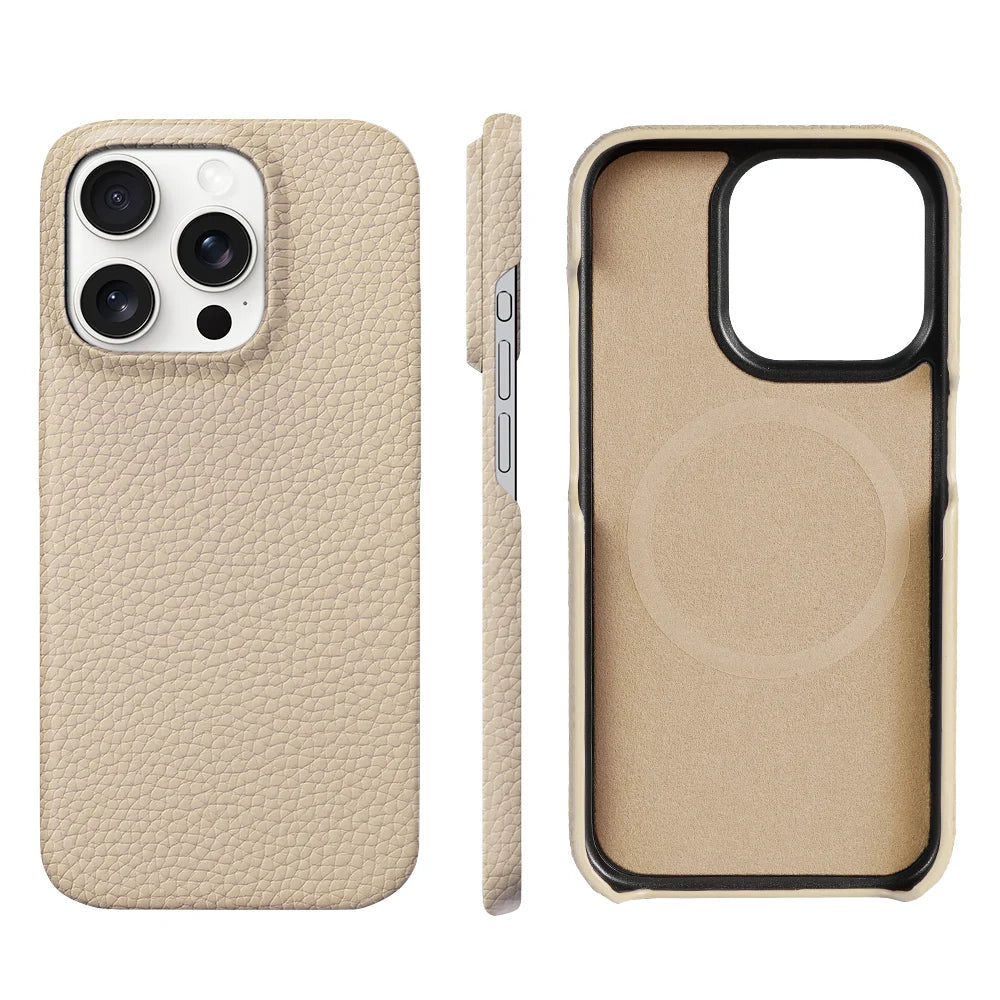 Natural Cowhide Lychee Leather Magnetic Case for iPhone