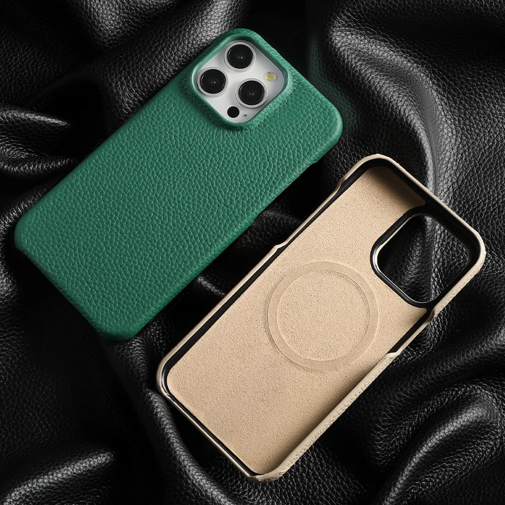 Natural Cowhide Lychee Leather Magnetic Case for iPhone