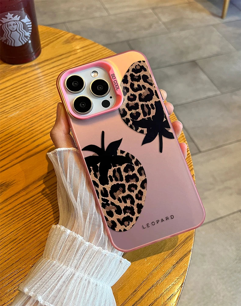 Leopard Print Strawberry Matte Laser Case For iPhone