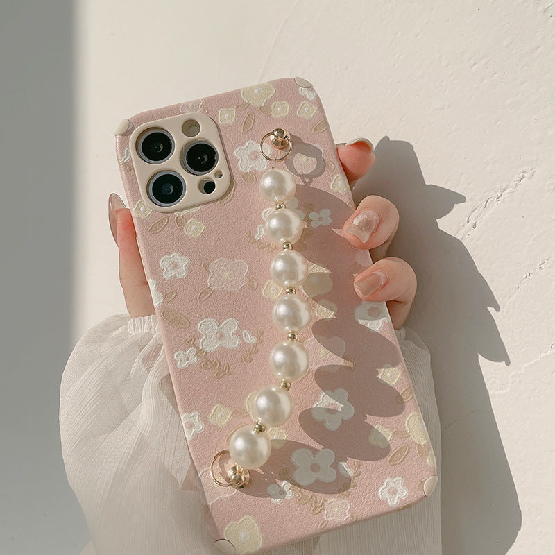 Oil Painting Floral Pearl Wrist Chain Phone Case For iPhone