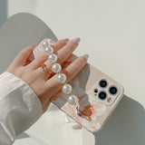 Oil Painting Floral Pearl Wrist Chain Phone Case For iPhone