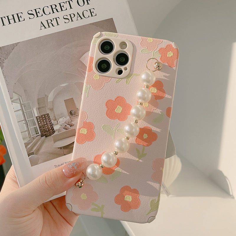 Oil Painting Floral Pearl Wrist Chain Phone Case For iPhone