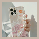 Oil Painting Floral Pearl Wrist Chain Phone Case For iPhone