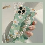 Oil Painting Floral Pearl Wrist Chain Phone Case For iPhone