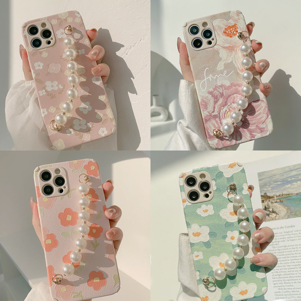 Oil Painting Floral Pearl Wrist Chain Phone Case For iPhone