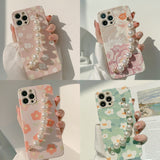 Oil Painting Floral Pearl Wrist Chain Phone Case For iPhone