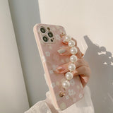 Oil Painting Floral Pearl Wrist Chain Phone Case For iPhone