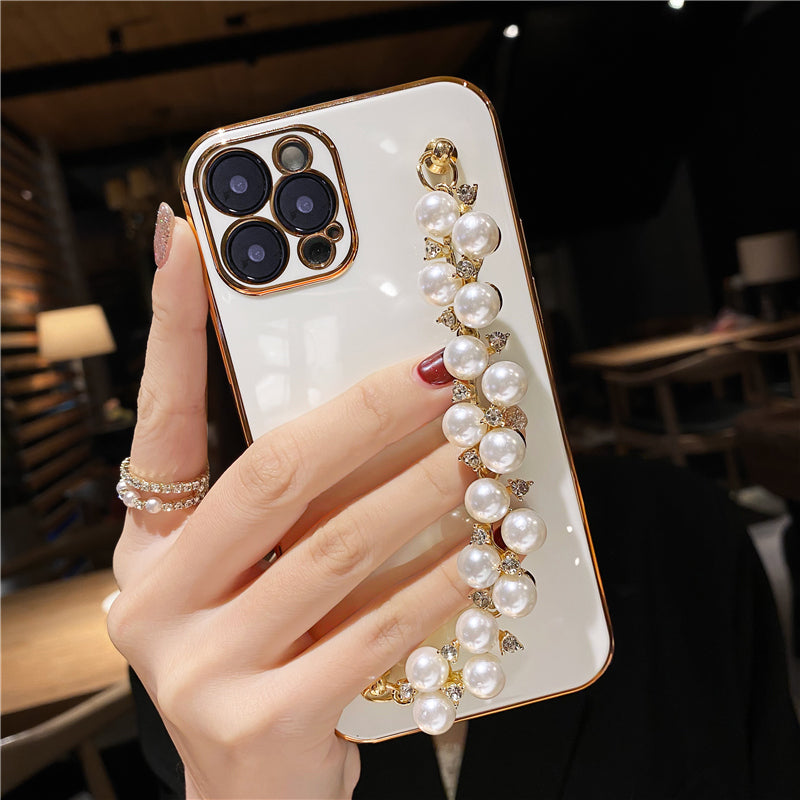 Plating Pearl Bracelet Chain Soft Case For iPhone