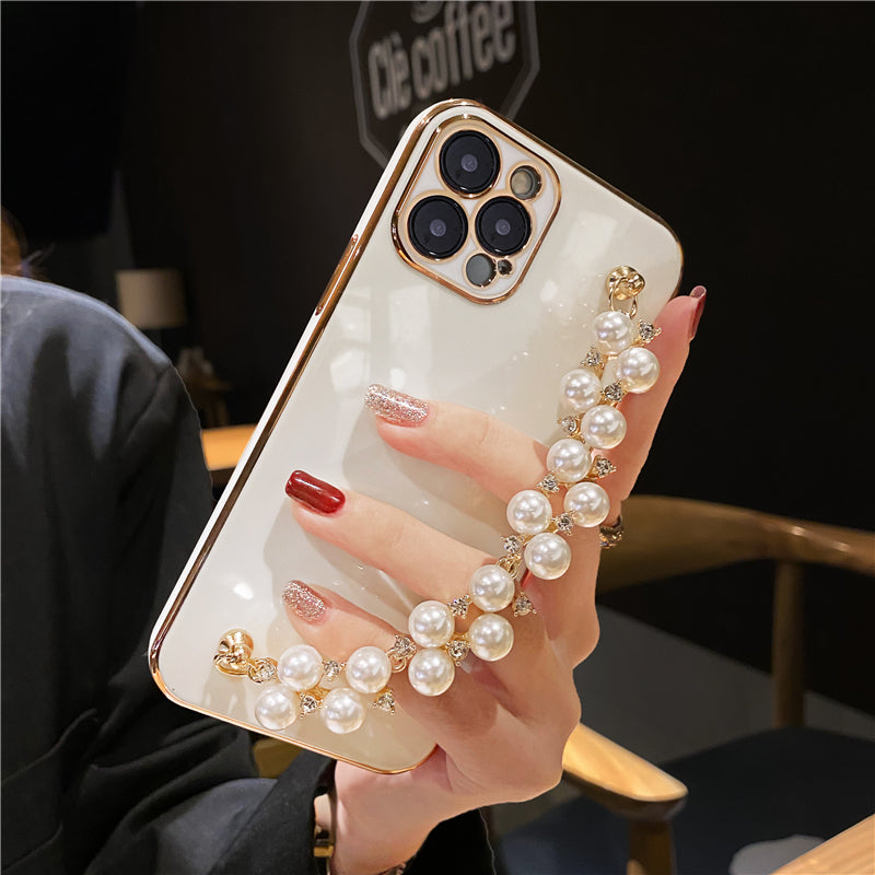 Plating Pearl Bracelet Chain Soft Case For iPhone