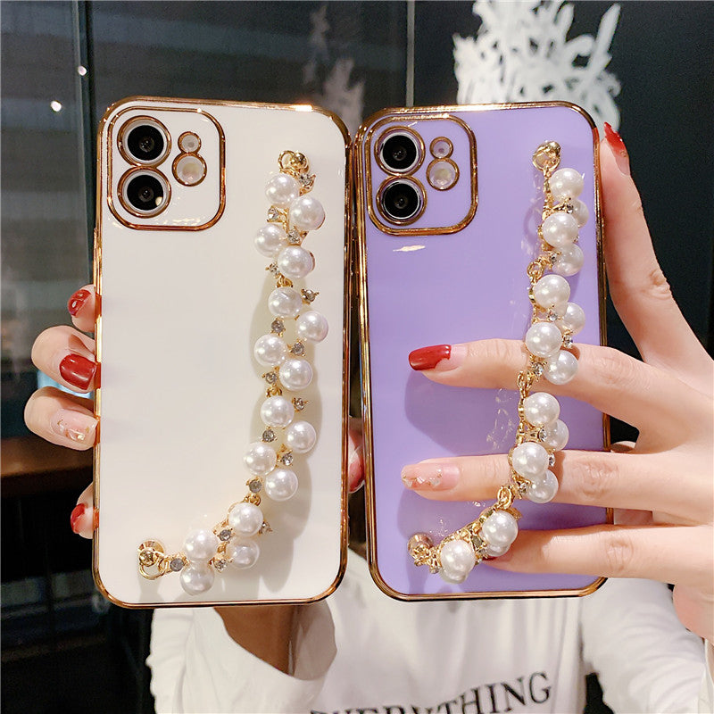 Plating Pearl Bracelet Chain Soft Case For iPhone