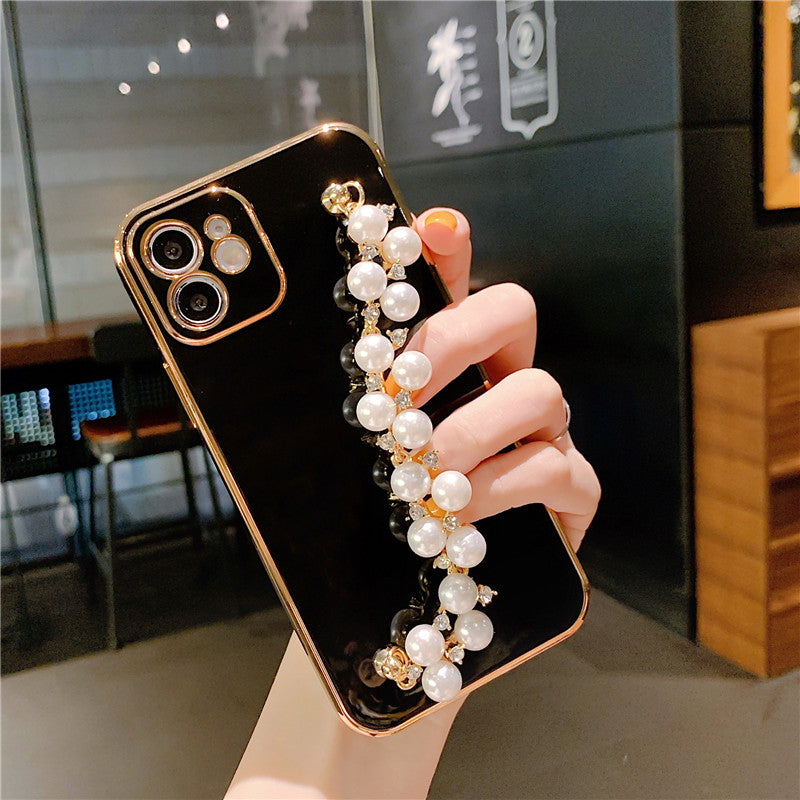 Plating Pearl Bracelet Chain Soft Case For iPhone