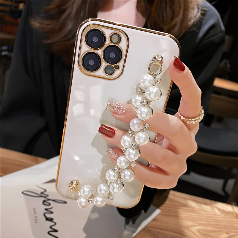 Plating Pearl Bracelet Chain Soft Case For iPhone