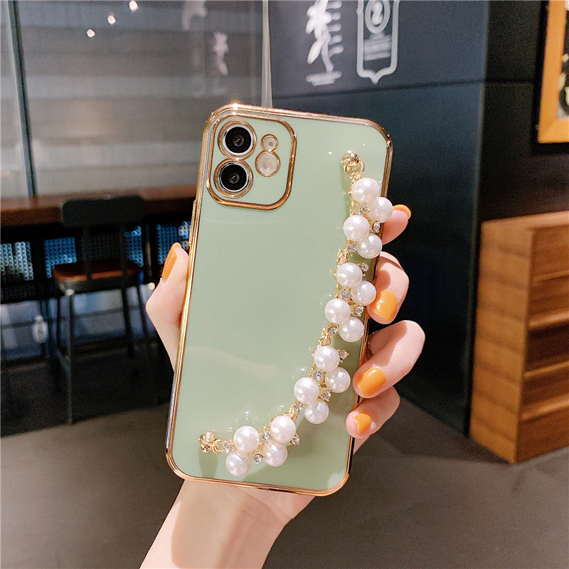 Plating Pearl Bracelet Chain Soft Case For iPhone