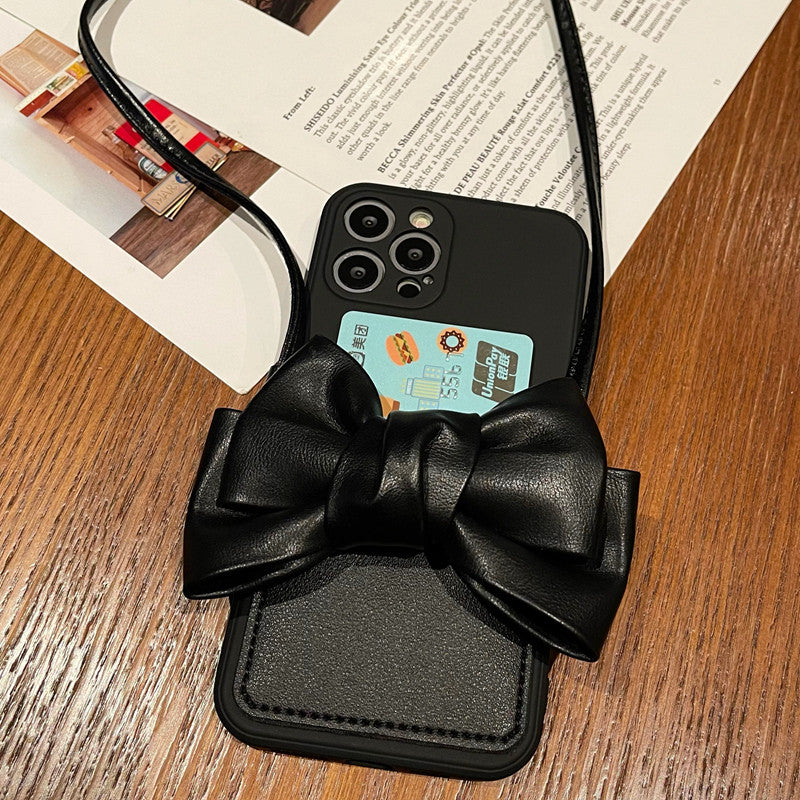 Necklace Crossbody Lanyard Leather 3D Bow Card Soft Case for iphone