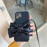 Necklace Crossbody Lanyard Leather 3D Bow Card Soft Case for iphone