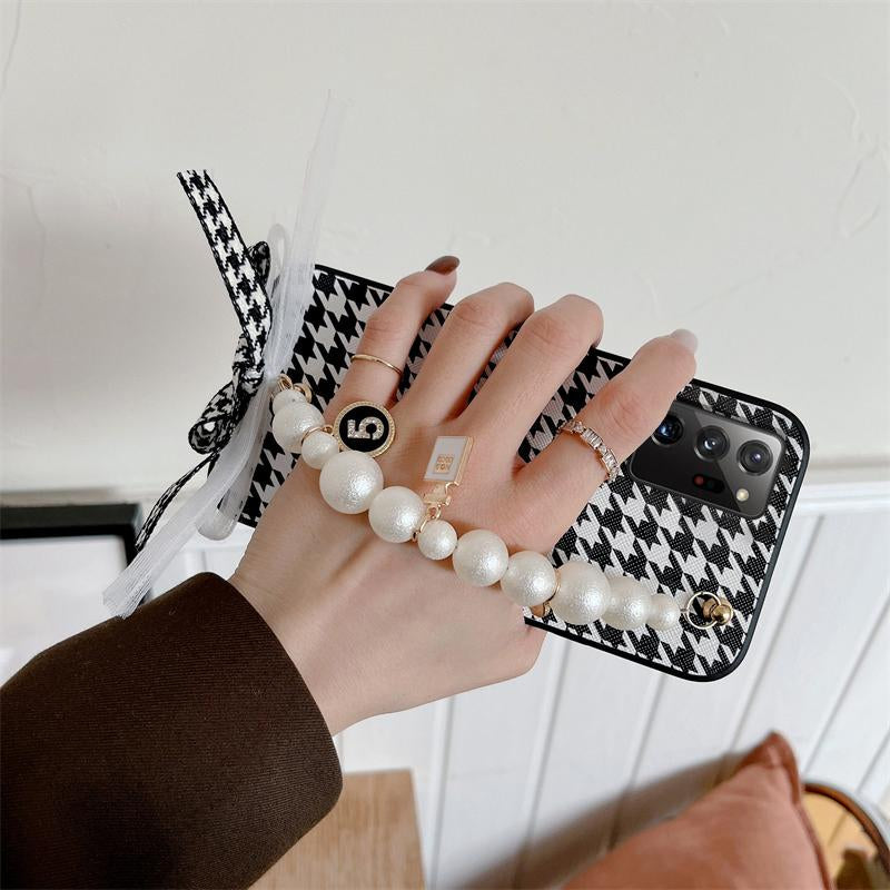 Luxury Houndstooth Leather Pearl Bracelet Chain Case For Samsung