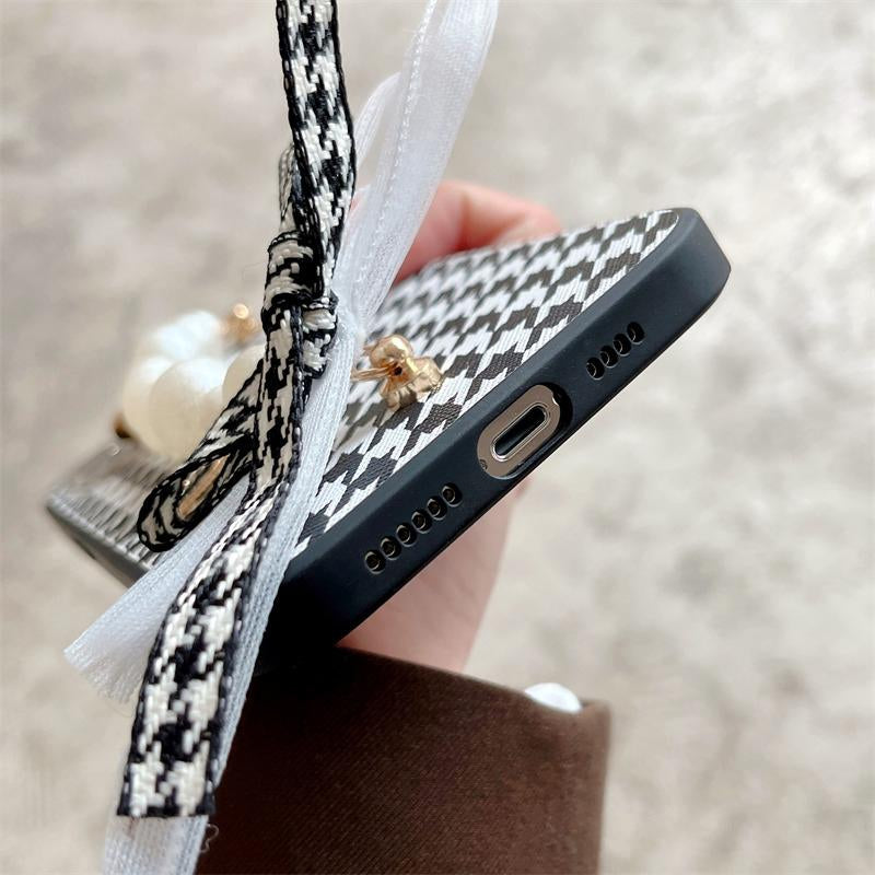 Luxury Houndstooth Leather Pearl Bracelet Chain Case For Samsung