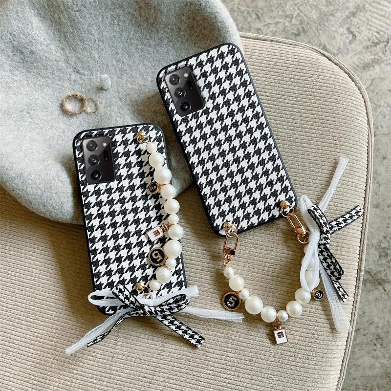 Luxury Houndstooth Leather Pearl Bracelet Chain Case For Samsung