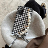 Luxury Houndstooth Leather Pearl Bracelet Chain Case For Samsung